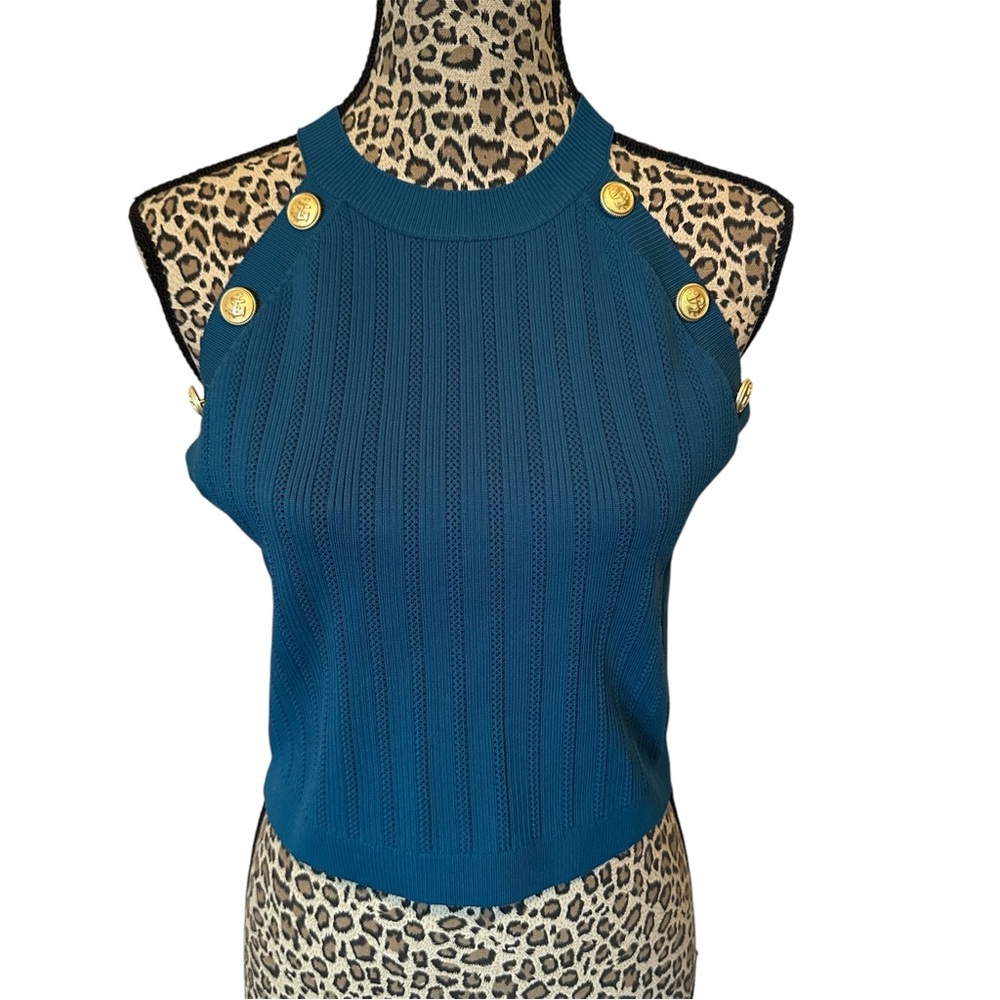 Happily Grey Knit Nautical Racerback Tank Women’s XL Blue w/Gold Buttons. New